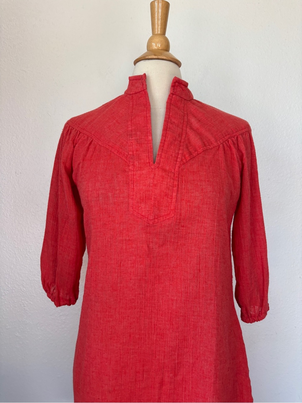 Vintage 60s 70s Union Label Coral Red Cotton Blend Tunic Dress - Picture 2 of 11
